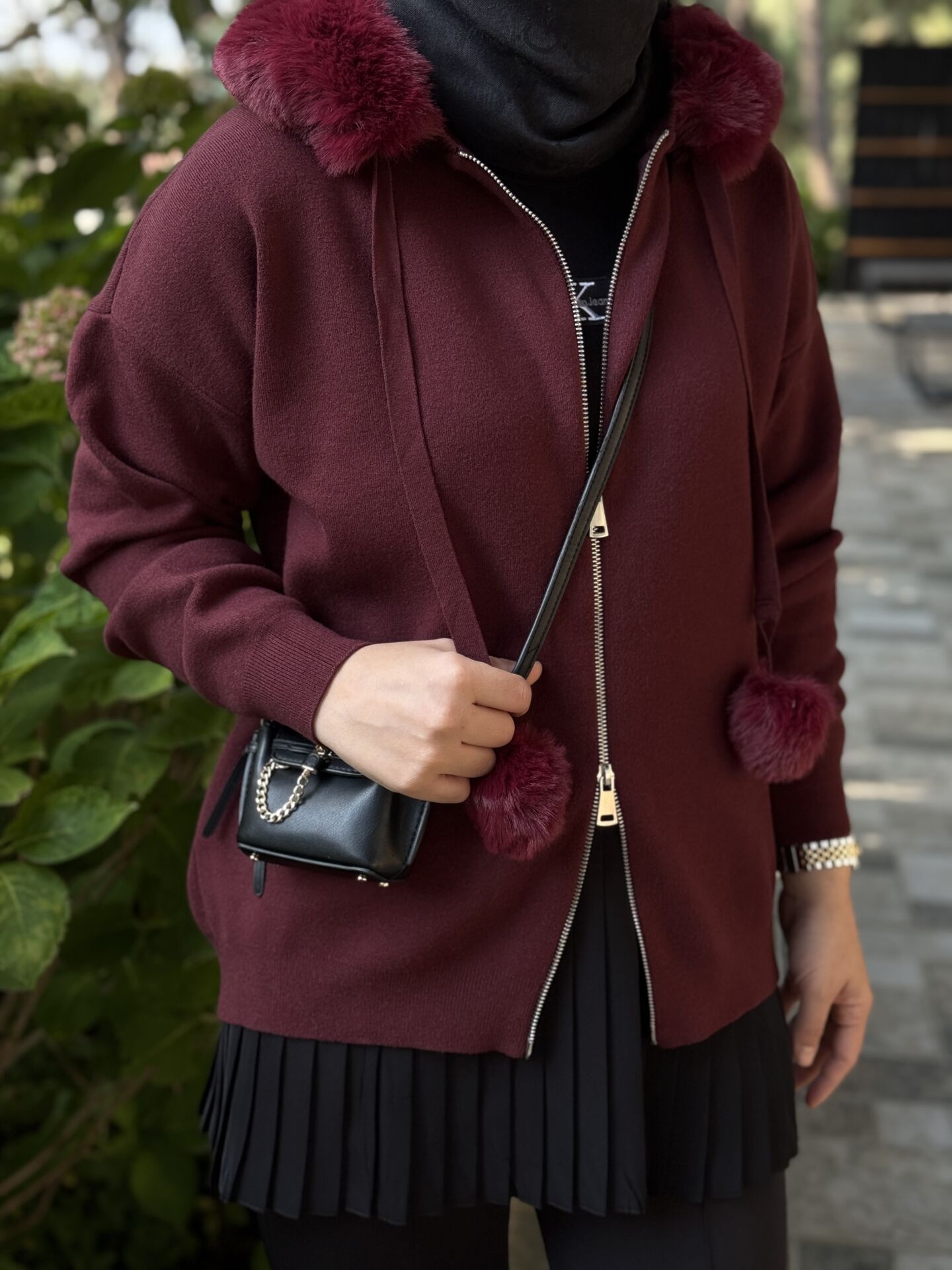 Kürk ponponlu hırka BORDO