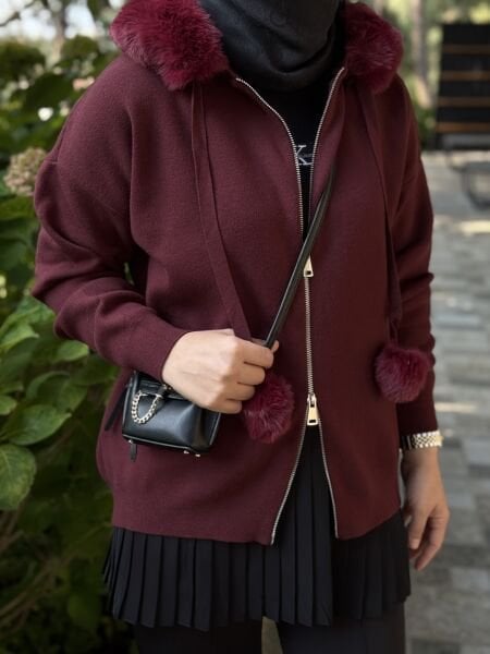 Kürk ponponlu hırka BORDO