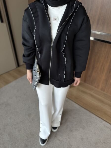 Fırfır Detaylı Scuba Hırka Siyah