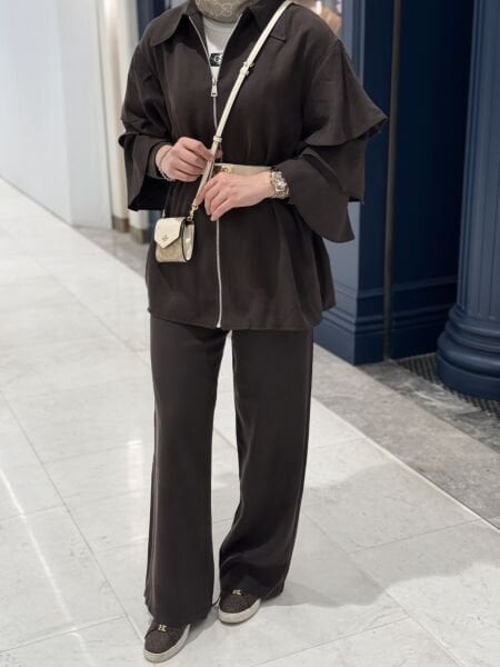 Kolu volanlı Modal takım kahverengi