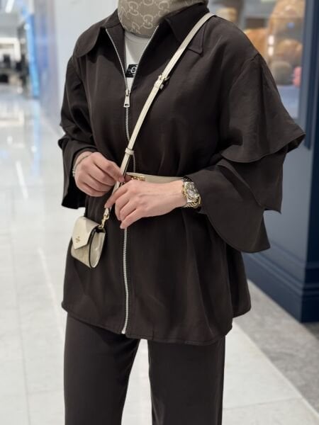 Kolu volanlı Modal takım kahverengi