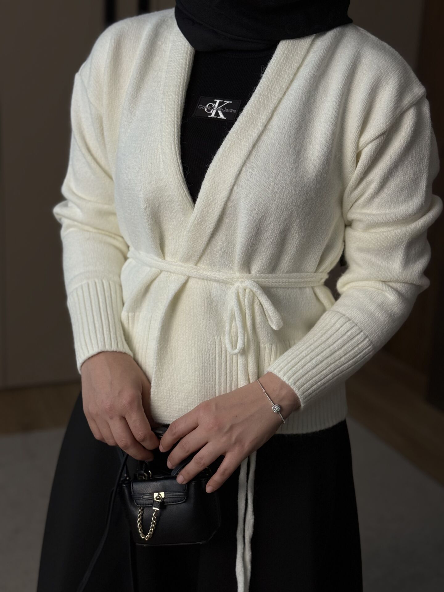 Kemerli Triko Ceket Ekru