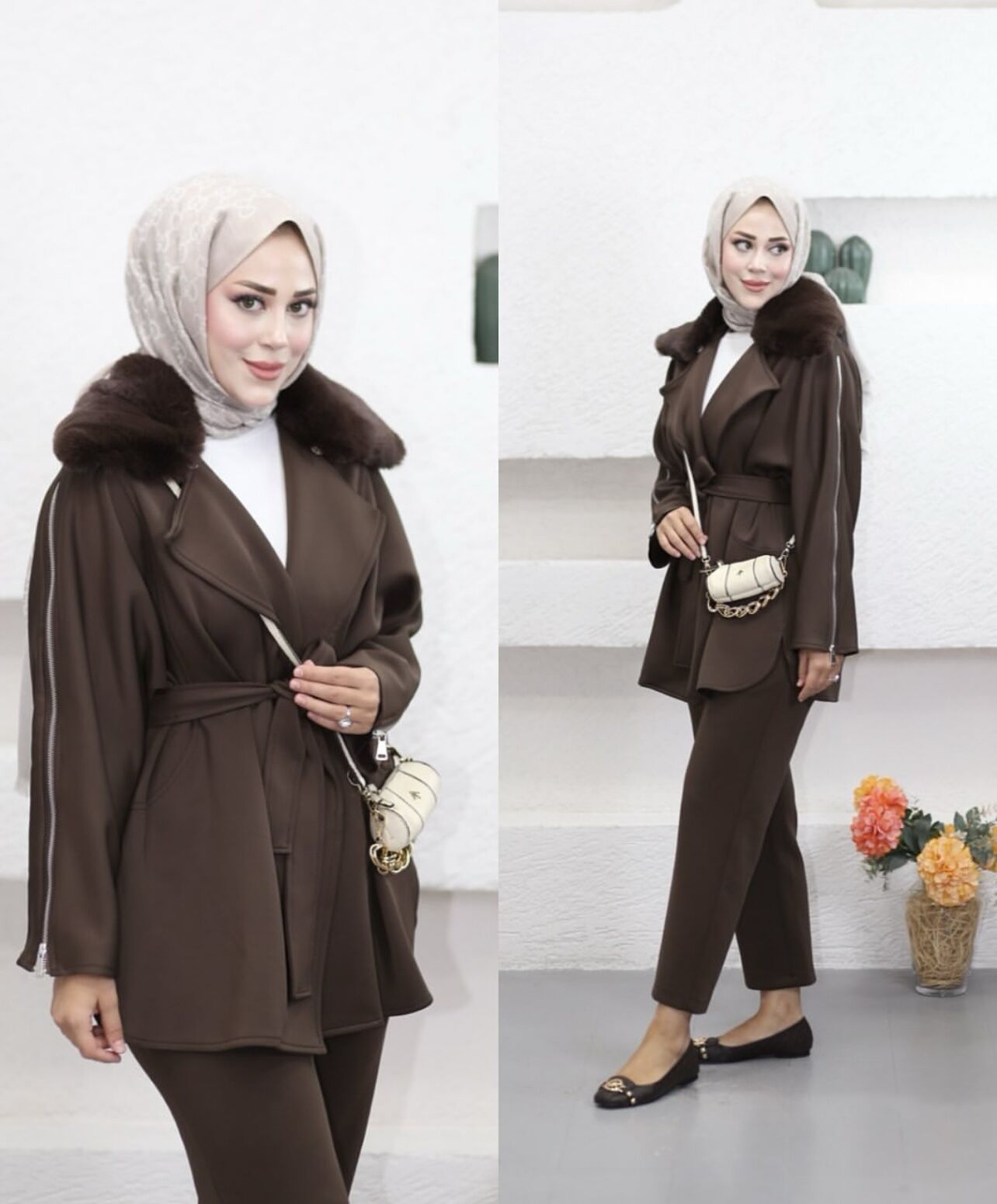 Seyyar Kürk Yakalı Scuba Takım Kahve