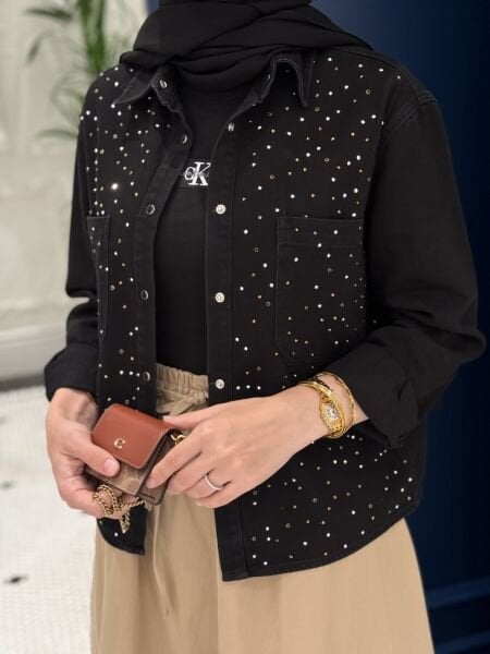 Taşlı ithal ince gömlek siyah