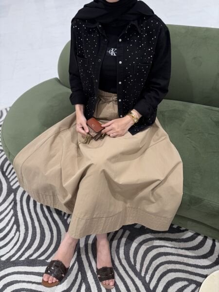 Taşlı ithal ince gömlek siyah