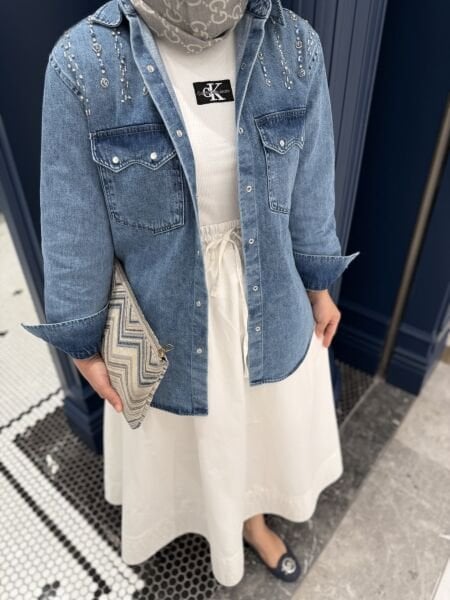 Omuz işlemeli kot ceket