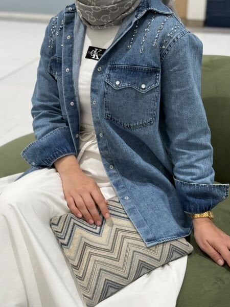 Omuz işlemeli kot ceket