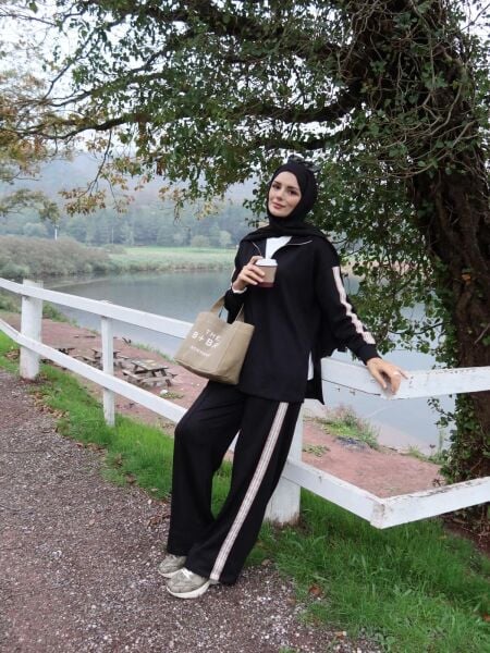 Şeritli Modal Eşofman Siyah