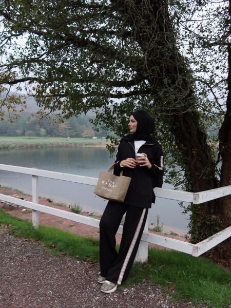 Şeritli Modal Eşofman Siyah