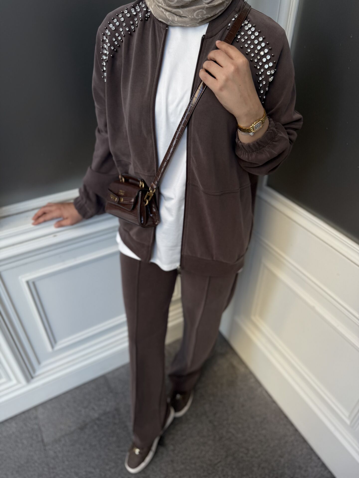 Premium Taşlı Eşofman Kahverengi