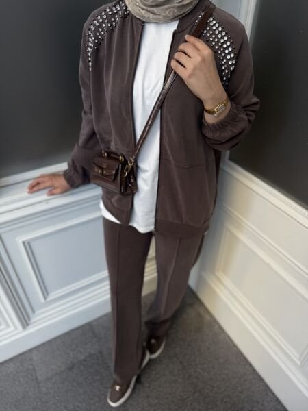 Premium Taşlı Eşofman Kahverengi