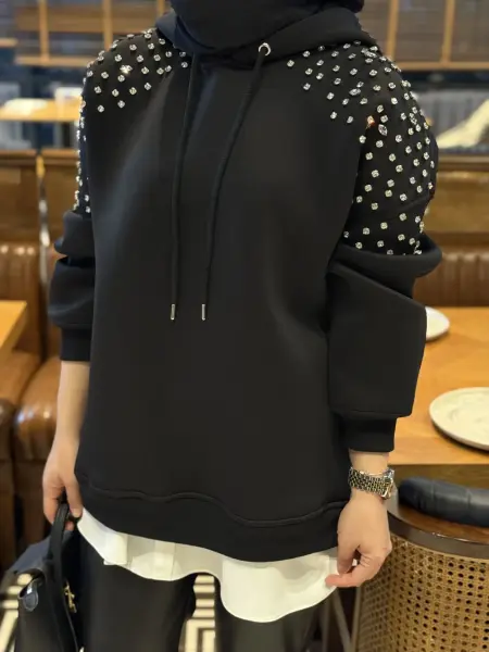 Taşlı Sweatshirt siyah
