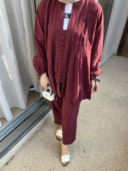 Nervürlü tensel takım bordo