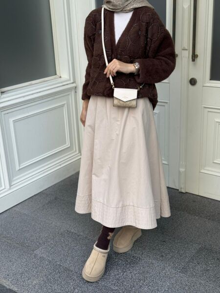 Çiçek Detaylı Angora Hırka Kahverengi