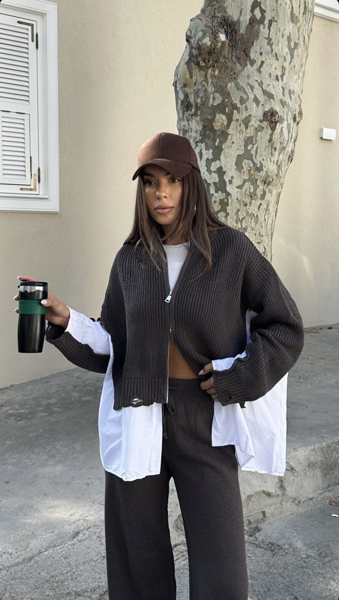 Poplin detaylı takım Kahve