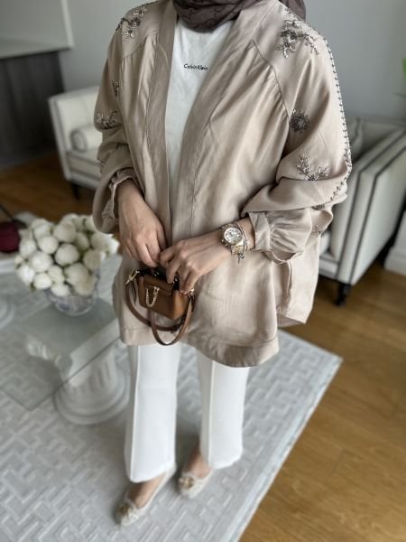 İşlemeli Tasarım Kimono BEJ