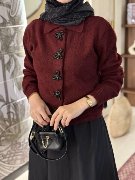 Fiyonk detaylı Hırka Bordo