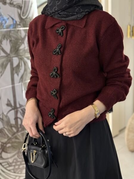 Fiyonk detaylı Hırka Bordo