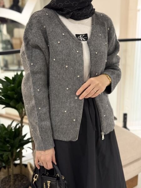 Taşlı Yün Karışımlı Füme Hırka