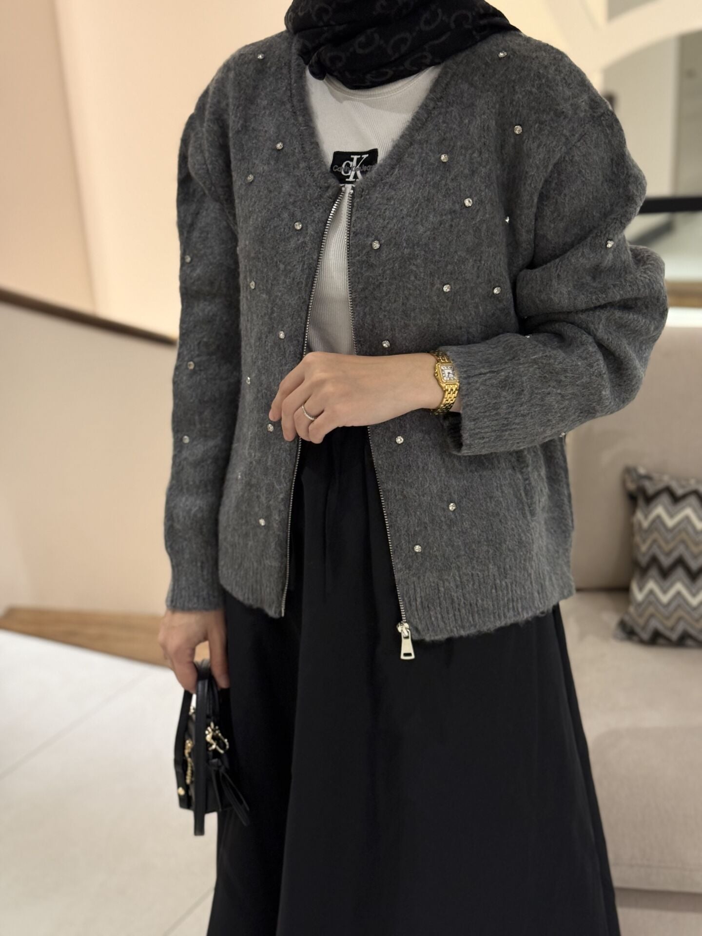 Taşlı Yün Karışımlı Füme Hırka