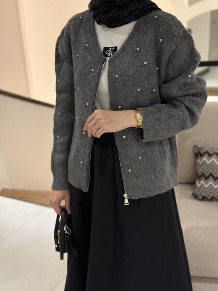 Taşlı Yün Karışımlı Füme Hırka