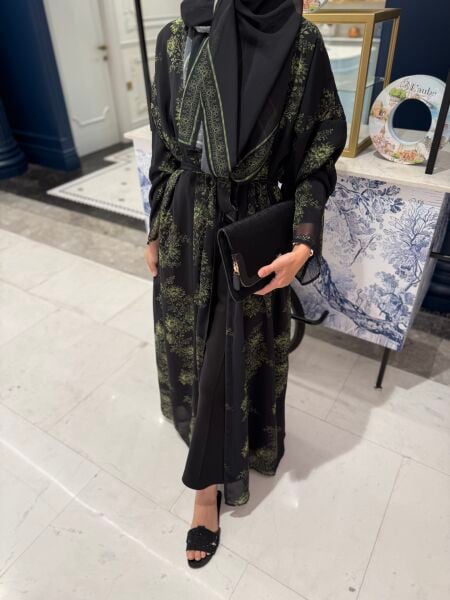 Desenli şallı abaya / yeşil