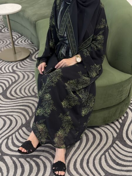 Desenli şallı abaya / yeşil