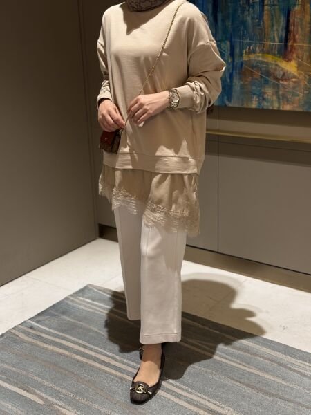 Dantel detaylı Sweatshirt Camel