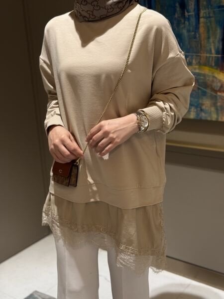 Dantel detaylı Sweatshirt Camel