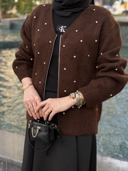 Taşlı Hırka Kahverengi