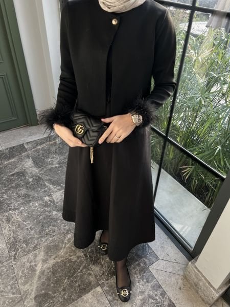 Tüylü Tasarım Hırka Siyah