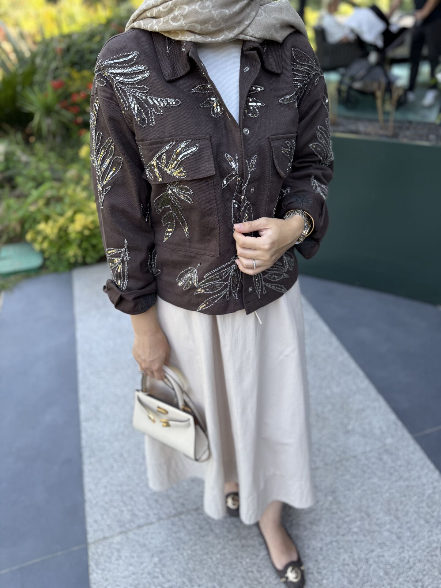 İthal işlemeli kot ceket kahverengi