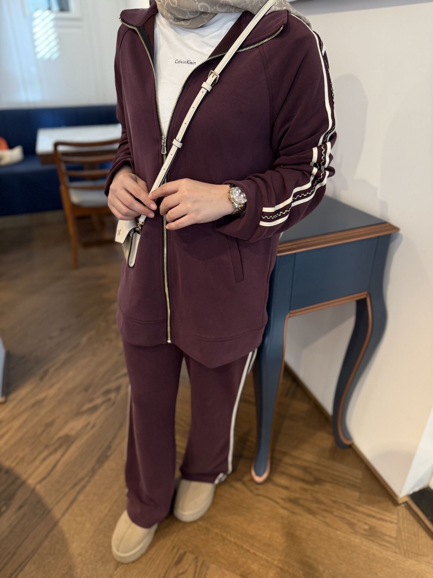 Oysh Şeritli Takım Mürdüm