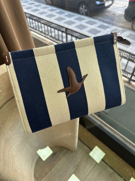 Bym çizgili clutch lacivert