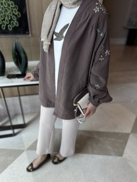 İşlemeli Kimono Kahverengi