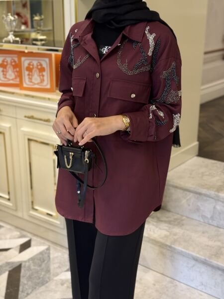 Nora İşlemeli Gömlek Bordo