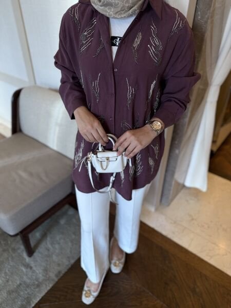 Vera işlemeli gömlek Mürdüm