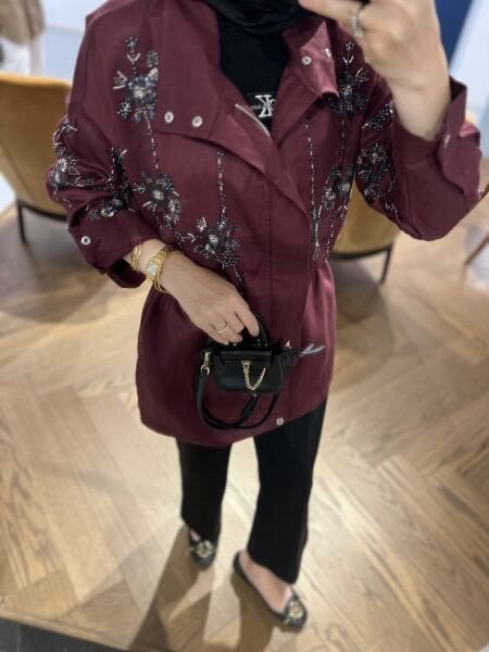 Eliza İşlemeli Büzgülü Kap Bordo