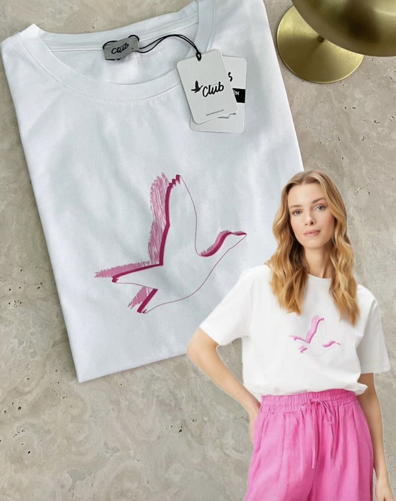 Kuşlu pembe tshirt