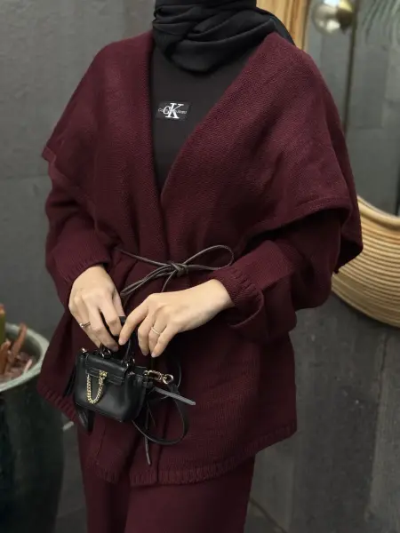 Pelerinli Triko Takım Bordo