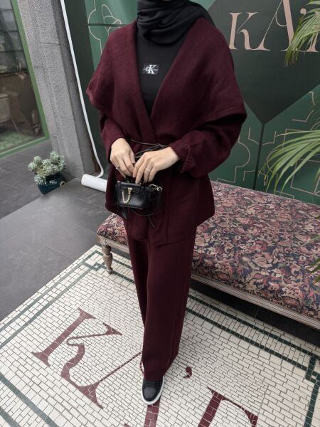 Pelerinli Triko Takım Bordo