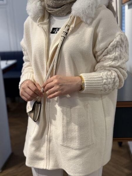 Kürklü Hırka Angora Krem