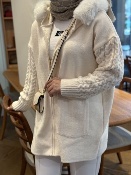 Kürklü Hırka Angora Krem