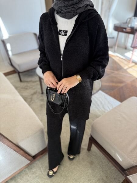 Simli merserize fermuarlı takım SİYAH