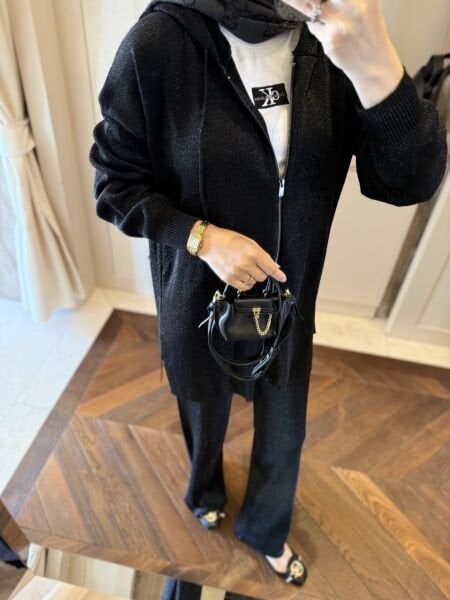 Simli merserize fermuarlı takım SİYAH