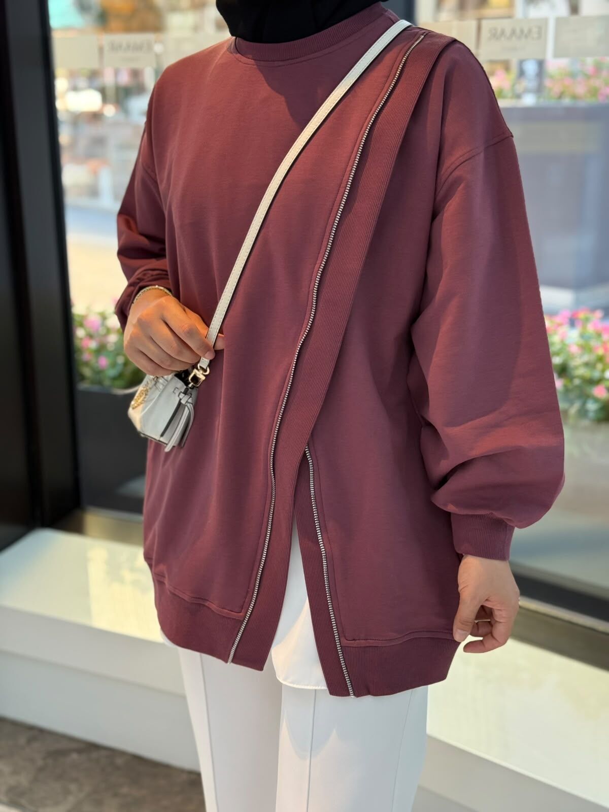 Fermuarlı Sweatshirt Mürdüm