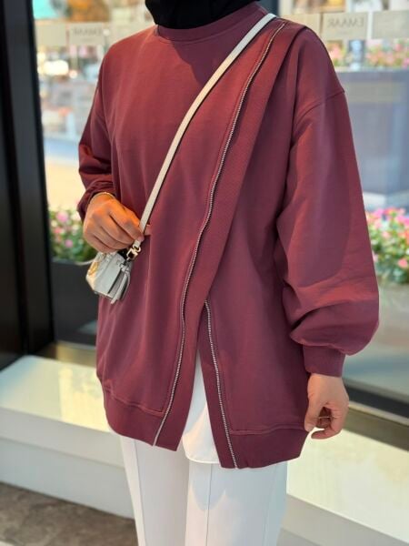 Fermuarlı Sweatshirt Mürdüm