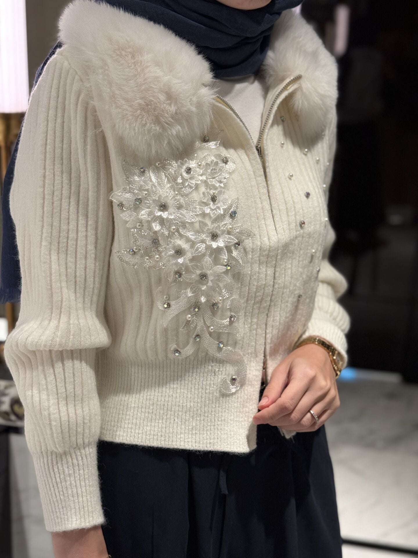 İthal Kürklü Angora hırka Ekru