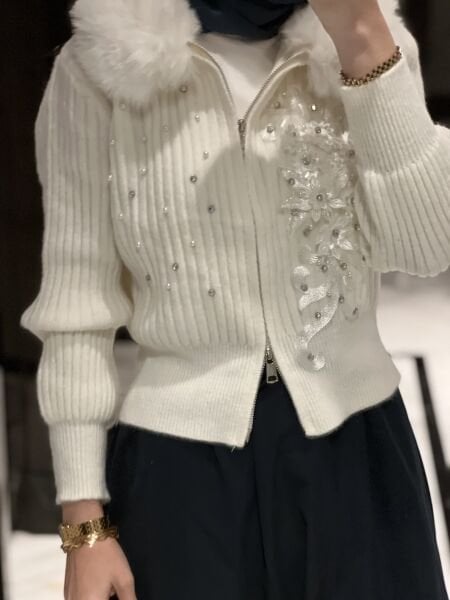 İthal Kürklü Angora hırka Ekru