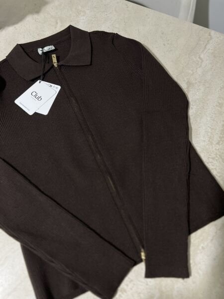 Bym çift fermuarlı hırka kahve